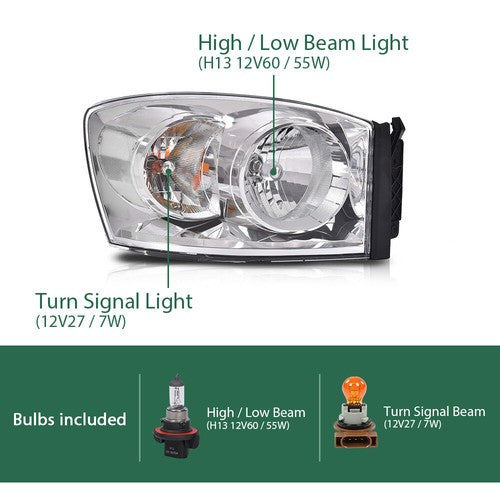 Solid Spare Fit For 06-08 Dodge Ram 1500/2006-2009 Ram 2500 3500 Clear Chrome Headlights