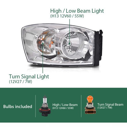 Solid Spare Fit For 06-08 Dodge Ram 1500/2006-2009 Ram 2500 3500 Clear Chrome Headlights