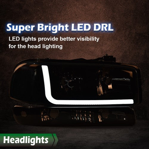 Solid Spare Fit For 1999-2007 GMC Sierra/Yukon LED DRL Smoke Black Headlights+Bumper Lamps