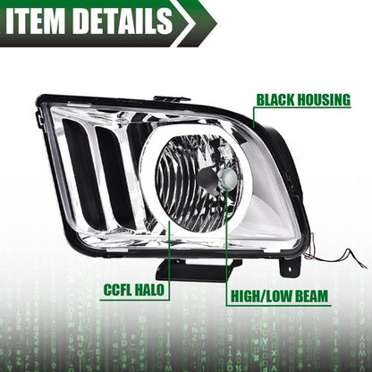 Solid Spare Fit For 2005-2009 Ford Mustang Clear Lens Chrome Halo Headlights Left+Right