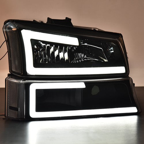 Solid Spare Fit For 2003-2007 Silverado LED DRL Clear Reflector Black Housing Headlights
