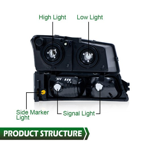Solid Spare Fit For 2003-2007 Chevy Silverado Avalanche Headlights+Signal Bumper Lamps Smoke