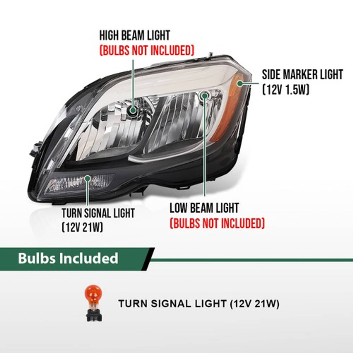 Solid Spare Halogen Headlight Left Side Fit For 2013 2014 2015 Mercedes Benz GLK250 GLK350