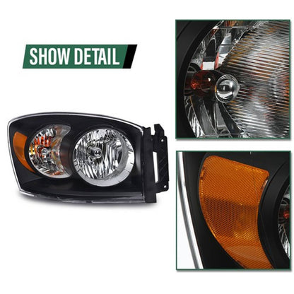 Solid Spare Fit For 06-08 Dodge Ram 1500/2006-2009 Ram 2500 3500 Clear Black Headlights