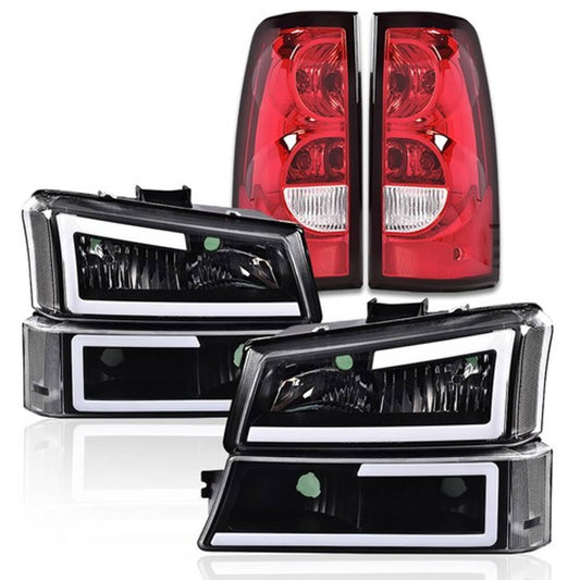 Solid Spare Fit For 03-06 Chevrolet Silverado Black LED DRL Headlights+Red Tail Lights