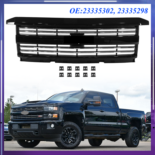Fits Silverado 2500 HD 3500 HD 2015-2019 Front Upper Grille Hood Black Painted
