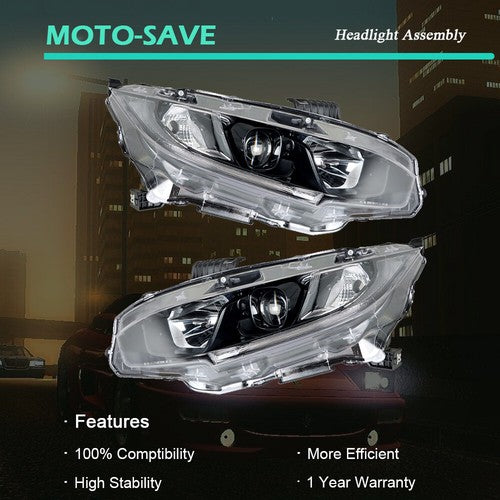 Solid Spare Black Front Headlight Assembly Clear Lens LH+RH Pair For Honda Civic 2016-2021