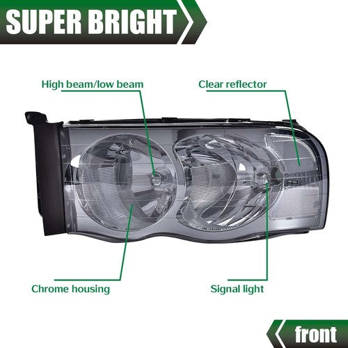 Solid Spare Fit For 02-2005 Dodge Ram 1500 2500 3500 Smoke Lens Chrome Headlights Left+Right