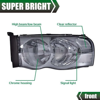 Solid Spare Fit For 02-2005 Dodge Ram 1500 2500 3500 Smoke Lens Chrome Headlights Left+Right