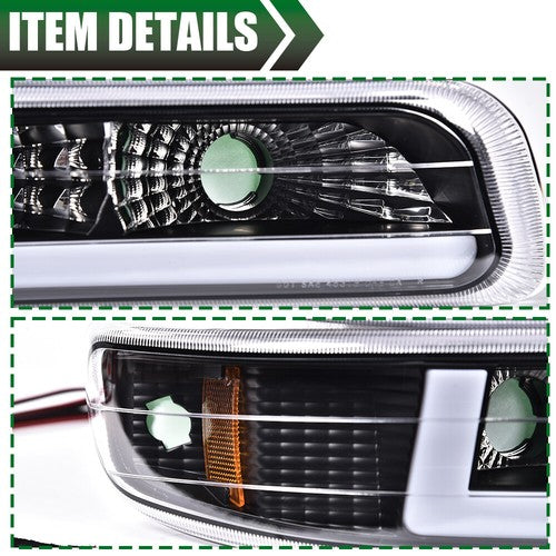 Solid Spare [LED DRL]Fit For 99-02 Chevy Silverado 1500 2500 HD Headlight+Bumper Lamps Black
