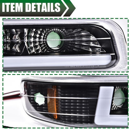 Solid Spare [LED DRL]Fit For 99-02 Chevy Silverado 1500 2500 HD Headlight+Bumper Lamps Black