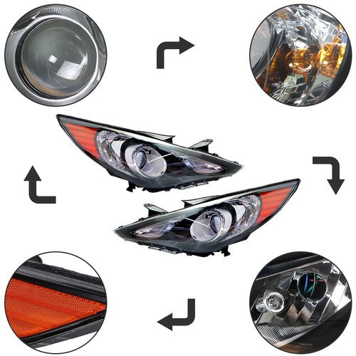 Solid Spare Black Headlights Headlamps Housing Right&Left Side For Hyundai Sonata 2011-2014