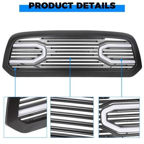 Solid Spare Front Upper Big Horn Black Grille Shell With Light For 2013-2018 Dodge Ram 1500