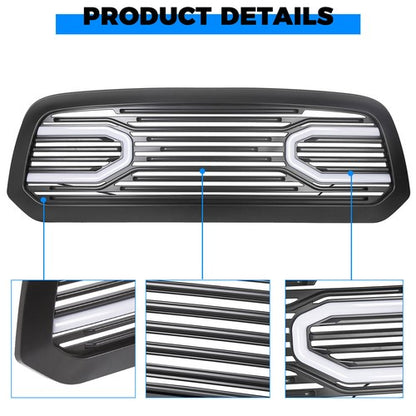 Solid Spare Front Upper Big Horn Black Grille Shell With Light For 2013-2018 Dodge Ram 1500