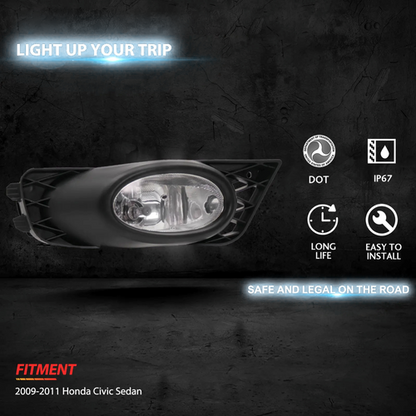 For 2009-2011 Honda Civic 4-Door Sedan Bumper Fog Lights Driving Lamps w/Switch