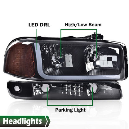 Solid Spare Fit For 1999-2007 GMC Sierra/Yukon Smoke Amber LED DRL Headlights+Bumper Lamps