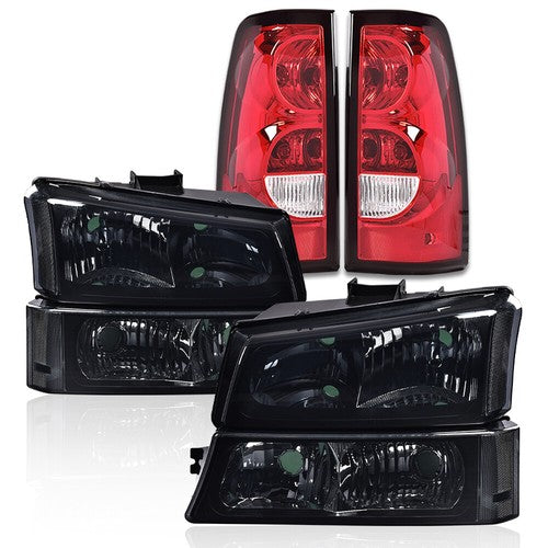 Solid Spare Fit For 2003-2006 Chevy Silverado Smoke Lens Black Headlights+Red Tail Lights
