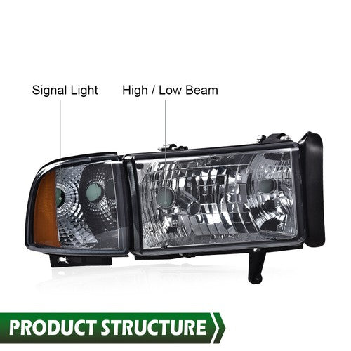 Solid Spare Amber Corner Smoke Headlights Assembly Fit For 94-02 Dodge Ram 1500 2500 3500