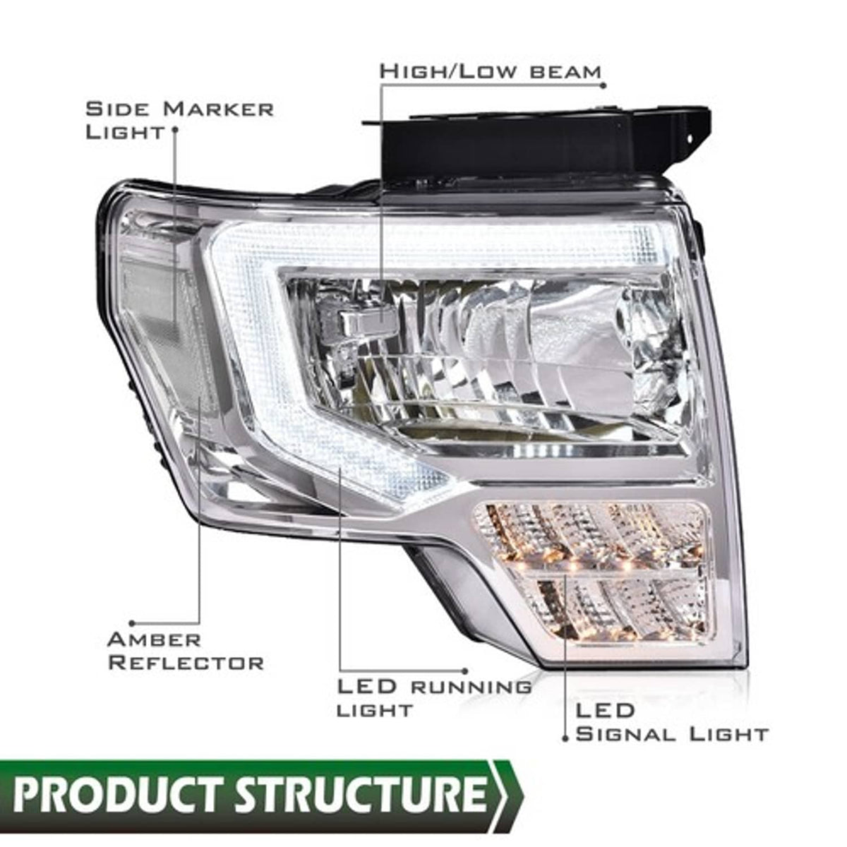 Solid Spare Pair Chrome/Clear LED DRL Headlights Front Lamps Fit For 09-14 Ford F-150 Pickup