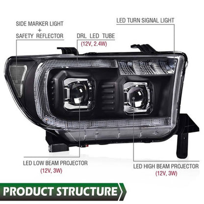 Solid Spare Fit For 2007-2013 Tundra 08-17 Sequoia Black/Clear LED Tube Projector Headlights