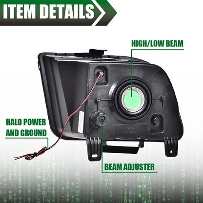 Solid Spare Fit For 2005-2009 Ford Mustang Black/Smoke LED DRL Halo Headlights Lamps Pair