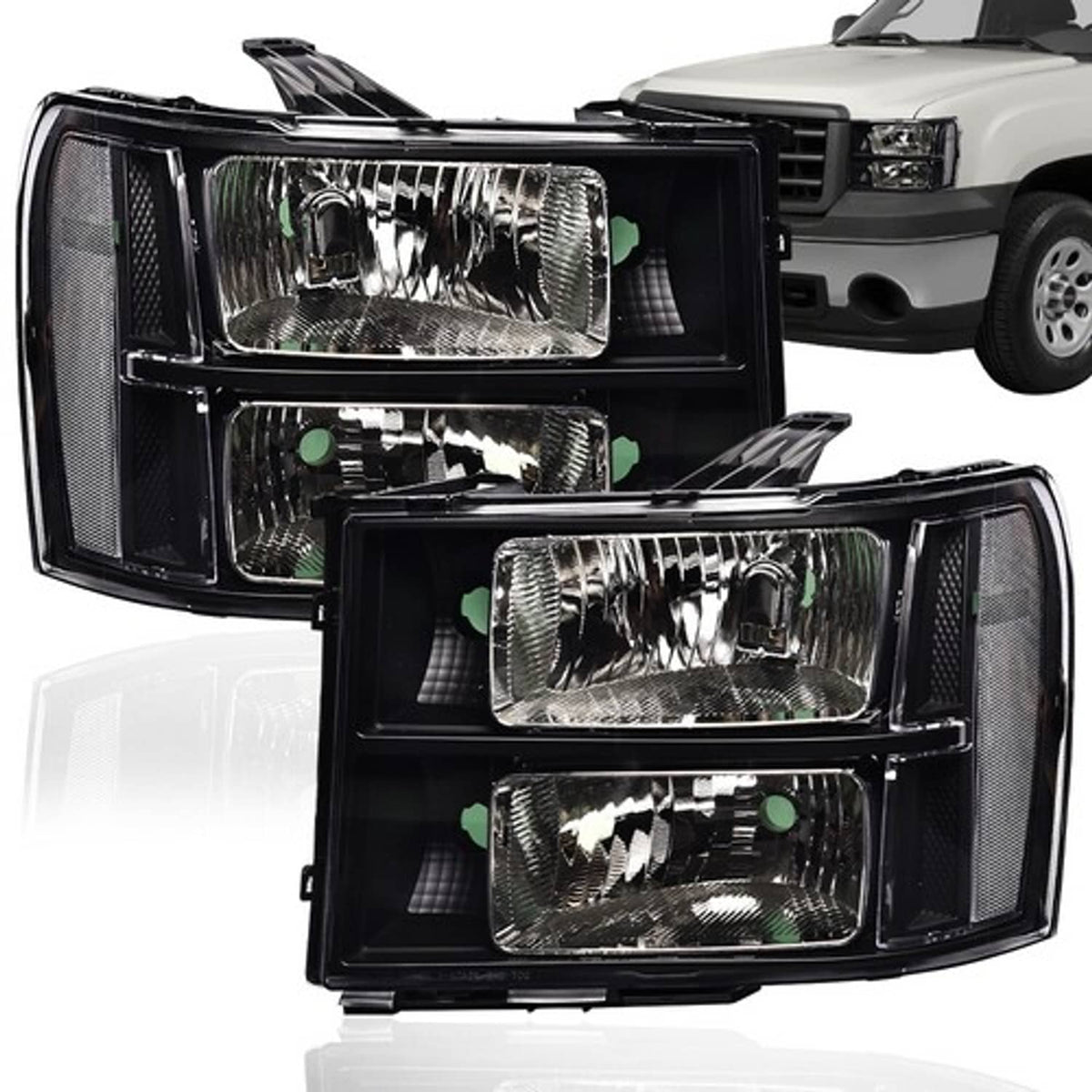 Solid Spare Fit For 2007-2014 GMC Sierra 1500 2500 3500 Black/Clear Headlight Head Lamps