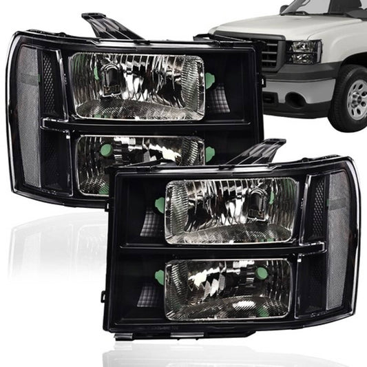 Solid Spare Fit For 2007-2014 GMC Sierra 1500 2500 3500 Black/Clear Headlight Head Lamps