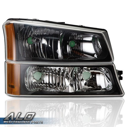 Solid Spare Fit For 03-06 Chevy Silverado Amber Corner Black Headlights+Red Tail Lights