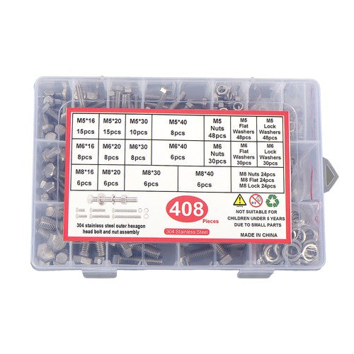 Solid Spare 408 Pieces M5 M6 M8 Bolts and Nuts Flat & Lock Washers Combination Kit