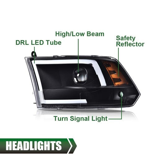 Solid Spare [LED Tube] DRL Fit For 09-18 Dodge Ram 1500 2500 3500 Black Projector Headlights