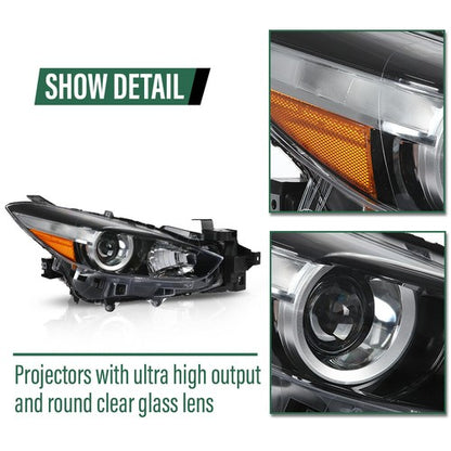 Solid Spare Black Halogen Projector Headlight Fit For 2017-2018 Mazda 3 Right Passenger Side