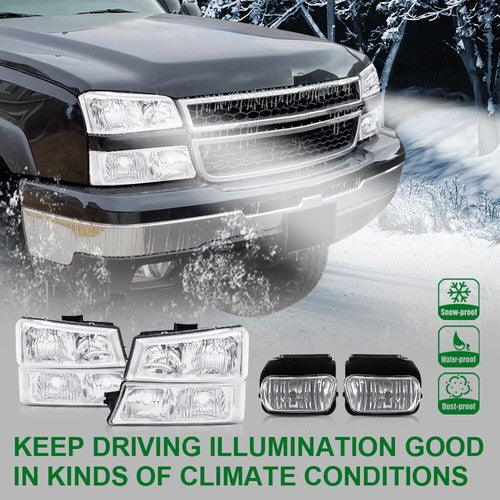 Solid Spare Fit For 2003-2007 Chevy Silverado/Avalanche Clear Chrome Headlights+Fog Lights