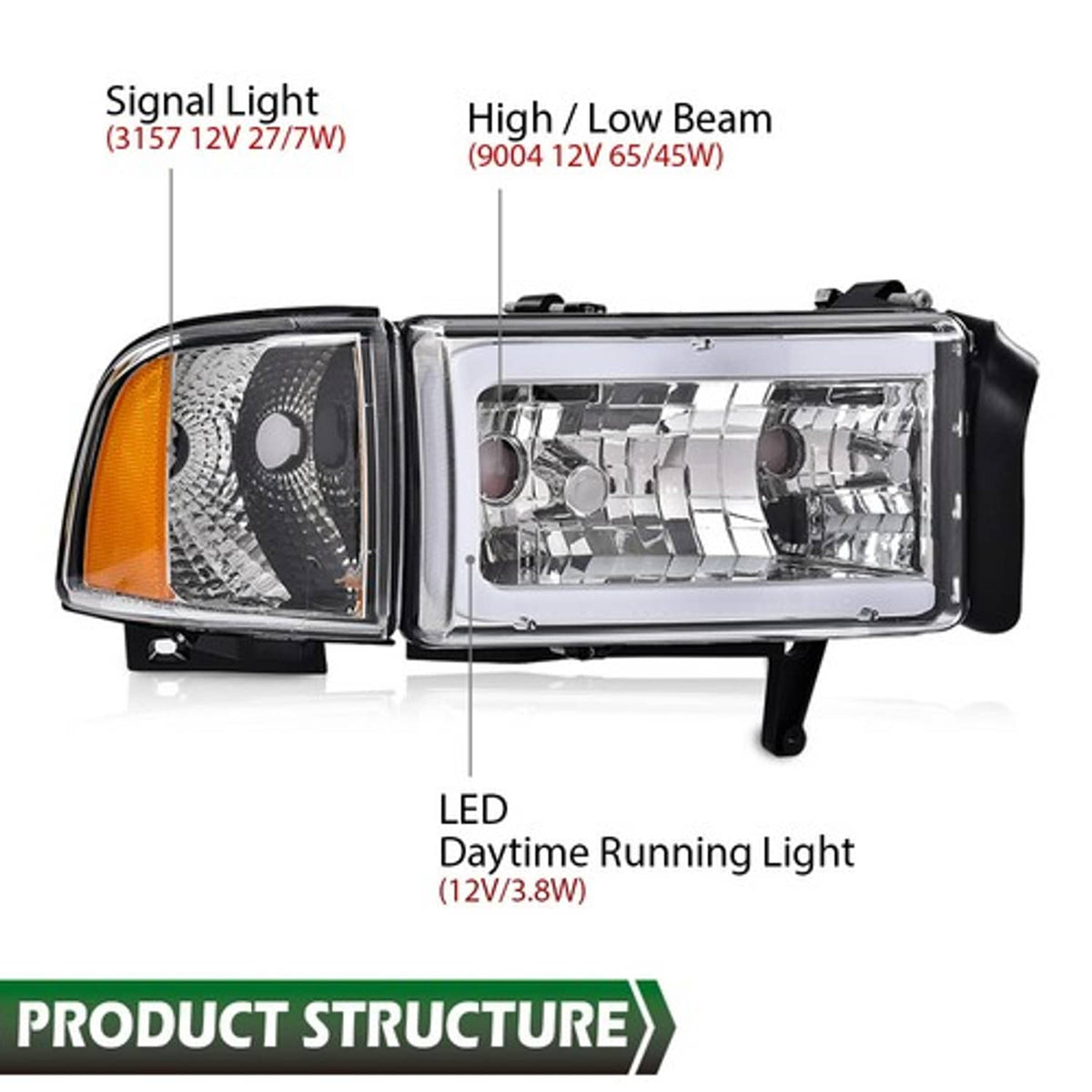 Solid Spare Fit For 1994-02 Dodge Ram 1500 2500 3500 Chrome Headlights LED Tube C Light Bar