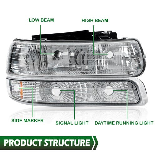 Solid Spare Factory Style Headlights Bumper Fit For 99-2002 Chevy Silverado 1500 2500 3500
