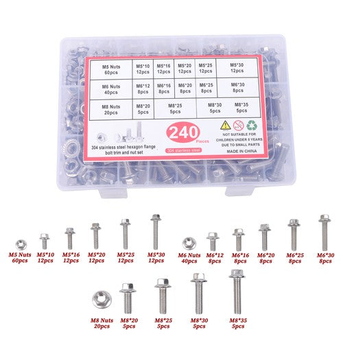 Solid Spare 240 pieces of M5, M6, M8 Flanged 304 Stainless Steel Bolts and Nuts Kit