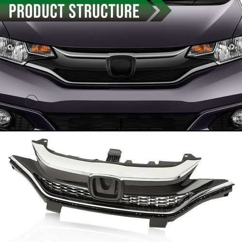 Solid Spare Fit For 2018-2020 Honda Fit Front Bumper Upper Honeycomb Grille w/ Chrome Trim