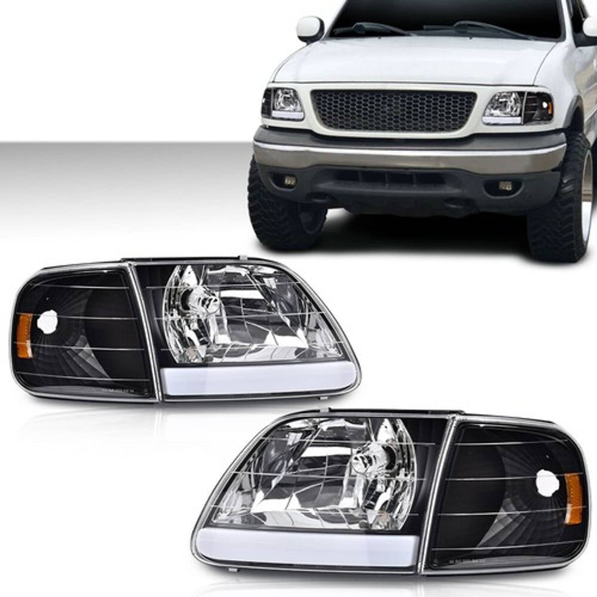 Solid Spare Fit For 97-03 Ford F150/99-02 Expedition LED Tube Headlights+Corner Lights Black