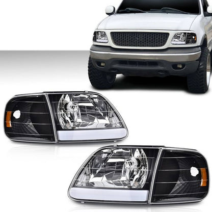 Solid Spare Fit For 97-03 Ford F150/99-02 Expedition LED Tube Headlights+Corner Lights Black