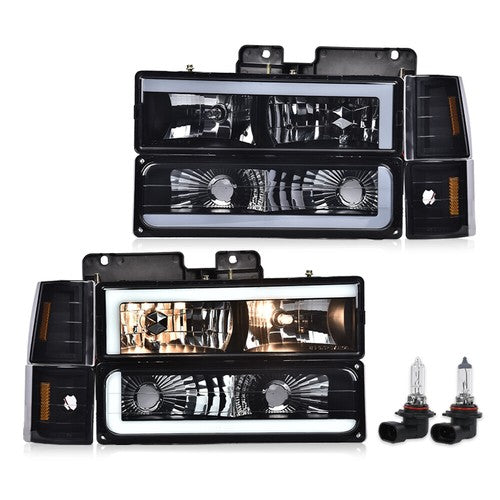 Solid Spare LED DRL Headlights+Bumper Corner Lamps Black Fit For 94-00 Chevy GMC C/K Pickup
