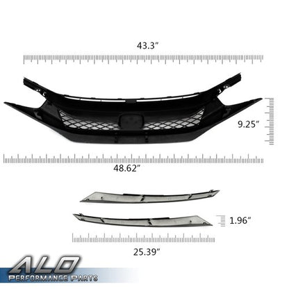 Solid Spare Fit For 16-21 Honda Civic 10th Gen Type R Style Front Bumper Hood Grille Black