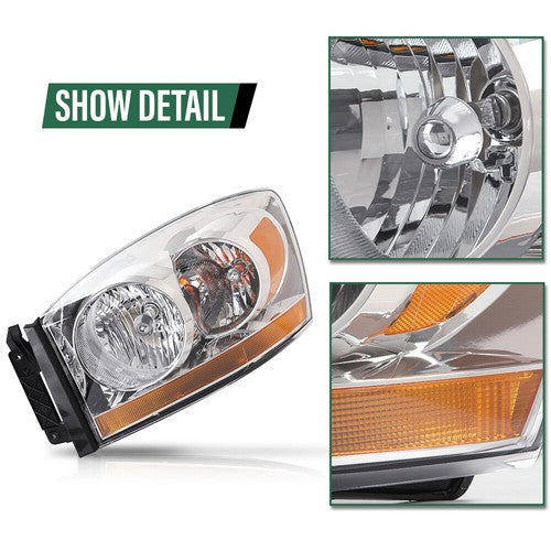 Solid Spare Fit For 06-2008 Dodge Ram 1500/06-09 Ram 2500 3500 Amber Chrome Headlight Left