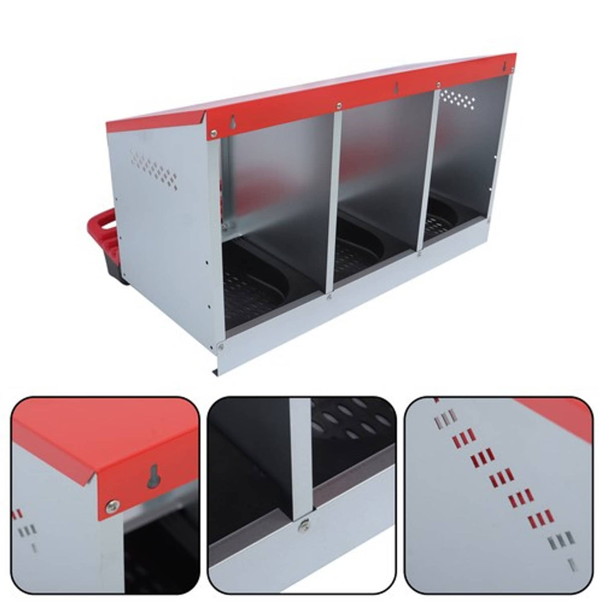 Solid Spare Red Chicken Egg Laying Box With Lided Cover Chicken Nest Boxes Coop Metal 3 Hole