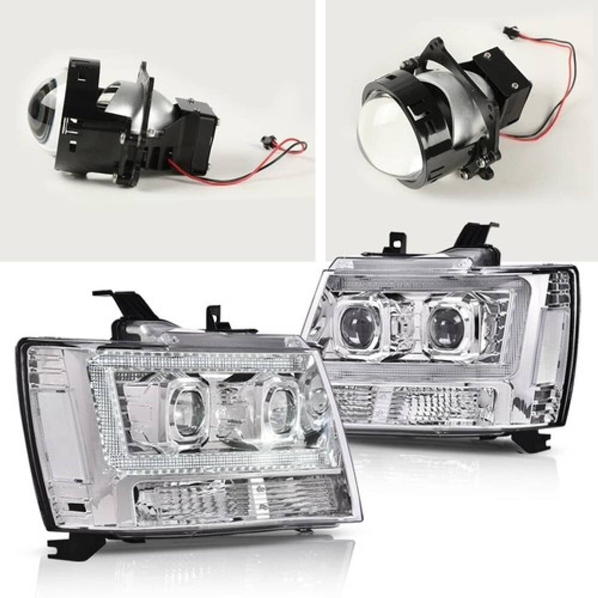 Solid Spare Dual LED Projector Headlights Chrome Fit For 07-14 Avalanche Tahoe Suburban