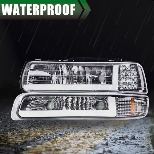 Solid Spare LED DRL Chrome Headlights Fit For 99-02 Chevy Silverado/00-06 Suburban Tahoe