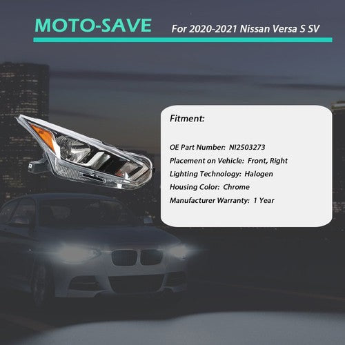 Solid Spare Headlight Halogen For Nissan Versa S SV 2020-2021 Headlamps Assembly RH Chrome
