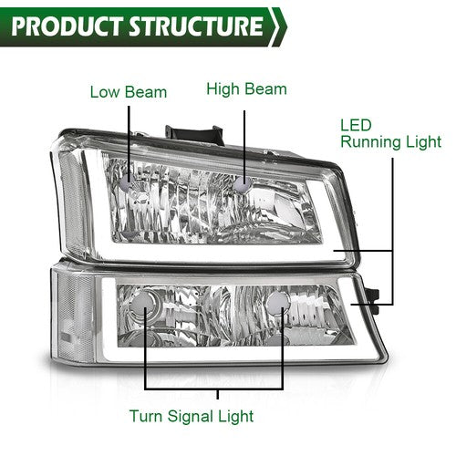 Solid Spare Clear/Chrome Headlights W/ LED DRL Fit For 2003-2006 Chevy Silverado/Avalanche