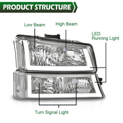 Solid Spare Clear/Chrome Headlights W/ LED DRL Fit For 2003-2006 Chevy Silverado/Avalanche