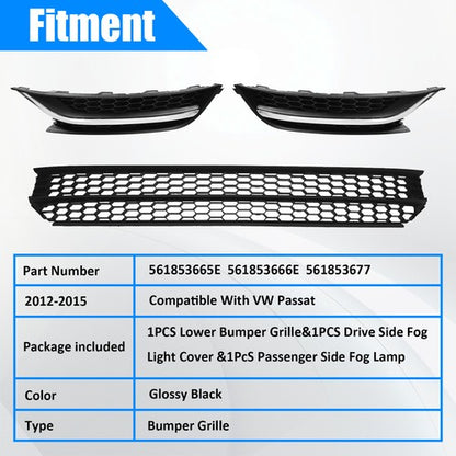 Front Bumper Lower Grille & Fog Light Bezel Cover LH+RH For 2012-2015 VW Passat