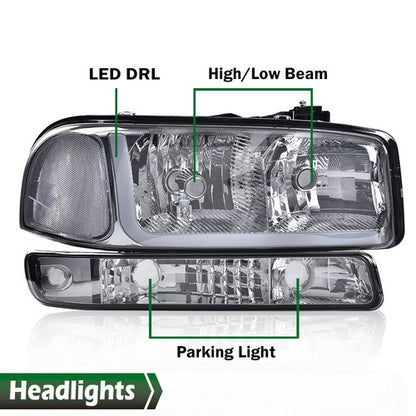 Solid Spare Smoke/Chrome LED DRL Headlights+Bumper Lamps Fit For 99-07 GMC Sierra/Yukon