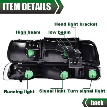 Solid Spare Fit For 1999-2002 Chevy Silverado/2000-2006 Suburban Black/Chrome Headlight Lamp